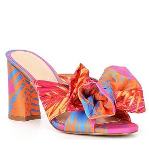 Gianni Bini Keily Palm Printed Bow Detail Block Heel Dress Sandals